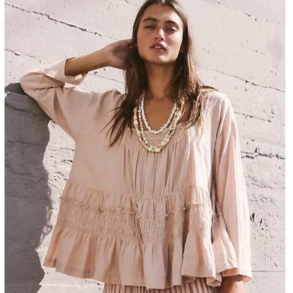 Free People Nyla Billowy soft pink Feminine Boho tiered ruffle top.Size L